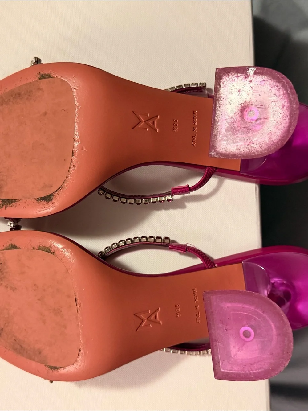 Amina Muaddi Gilda Glass Magenta Pink Heels